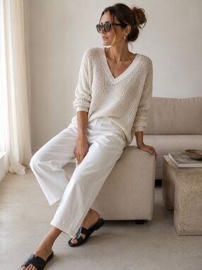 Anine Bing Cream V-Neck Open Knit Sweater